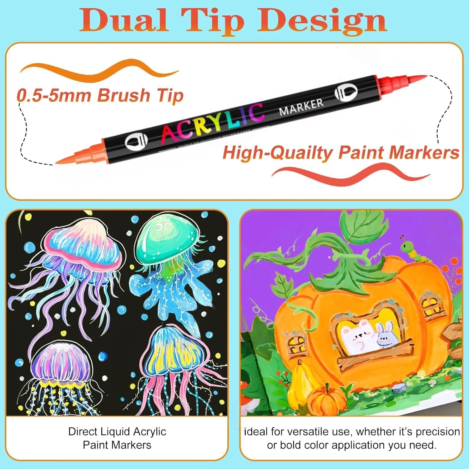 Acrylic Paint Markers,Dual tips Dual Color Pens for Rock Painting,Canvas,Wood,Glass,Ceramic,Fabric,Plastic,Egg.Soft Brush Tips