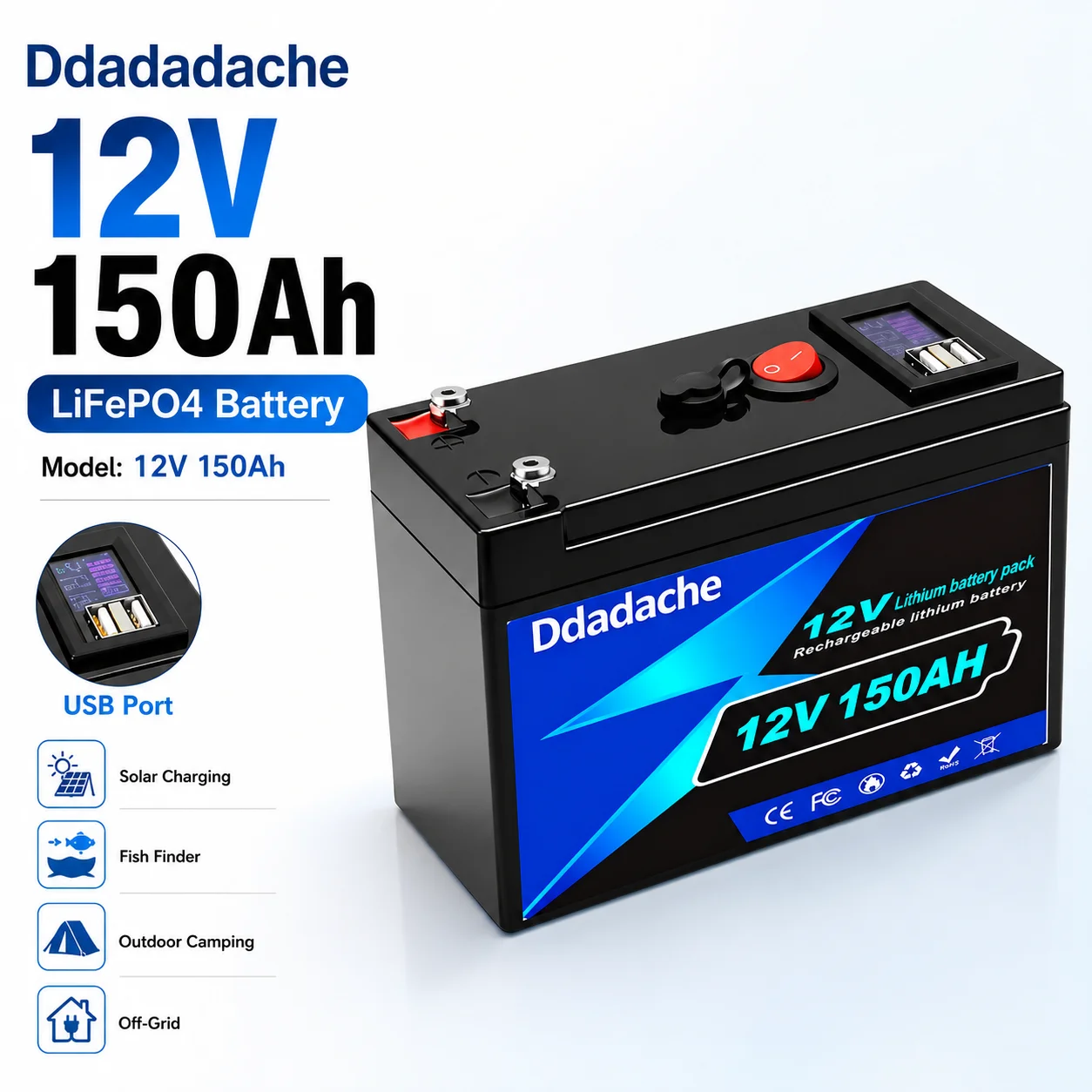 Batterie de remplacement 12V 150Ah LiFePO4 1920Wh à décharge profonde pour camping-car, solaire, marine, stockage domestique, avec BMS intelligent intégré, 4000+ cycles