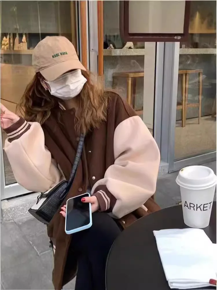 Baseball Jackets For Girls Womens Winter Spring Distressed Slit Baggy Matte Turn-down Biker Sportwear Color-blocked Reversible