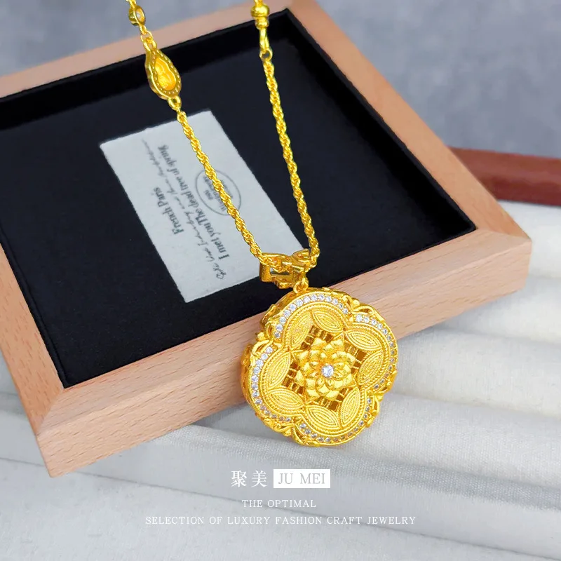 High-end 9999 24K real gold national charm peony pattern dot diamond brushed pendant necklace four boxes Ruyi clavicle chain