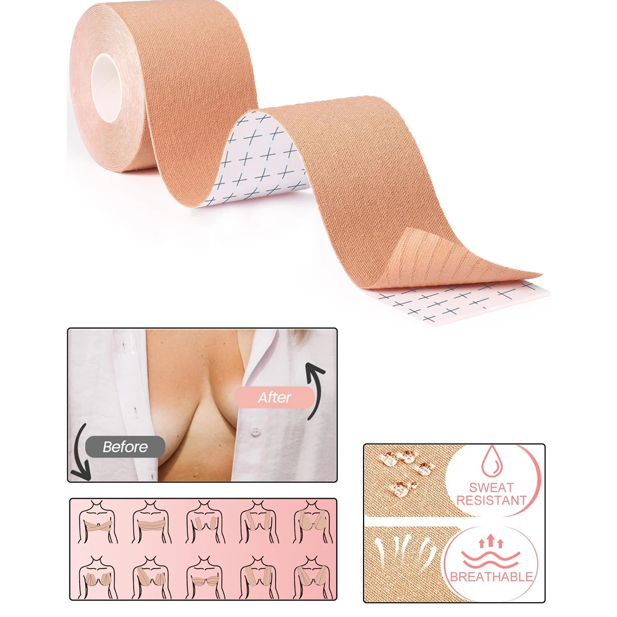 5M/Roll Invisible Push Up Breast Lift Boob Tape,Breathable Elastic Fabric Breast Lift Tape Self-adhesive Push Up Nipple Cover,Women Boob Tape Bras