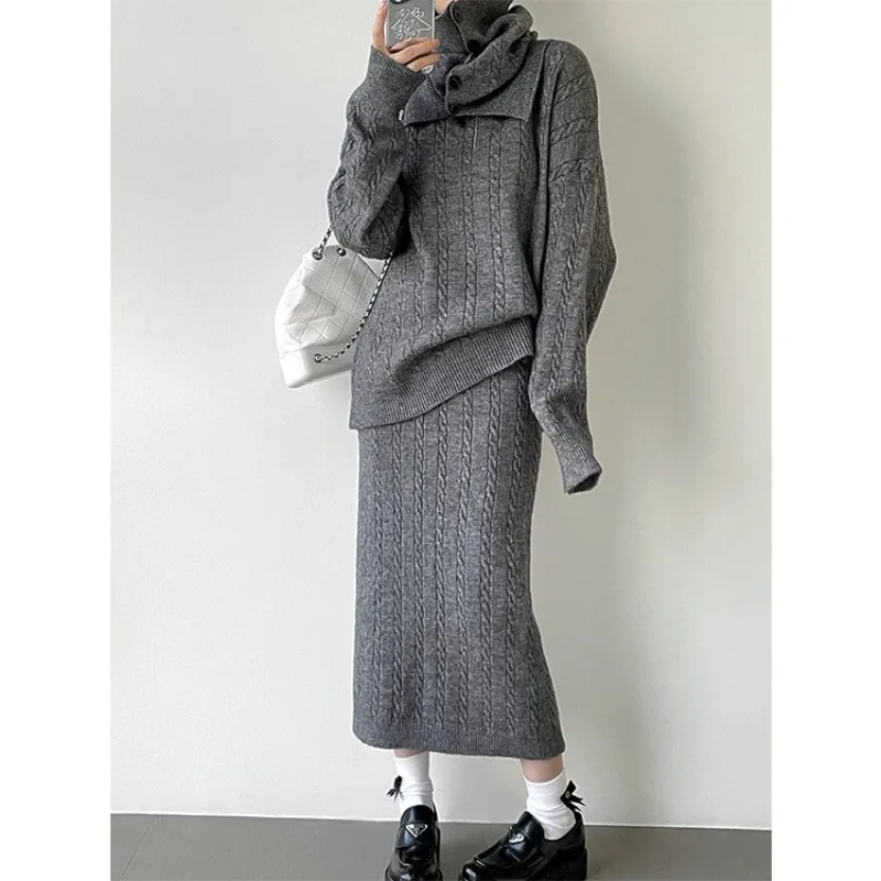 

Autumn Winter Scarf Neck Twist Knitwear Suits Womens Outfits High Street Pullover Sweater and Inside Open Long Skirt Knitted Set