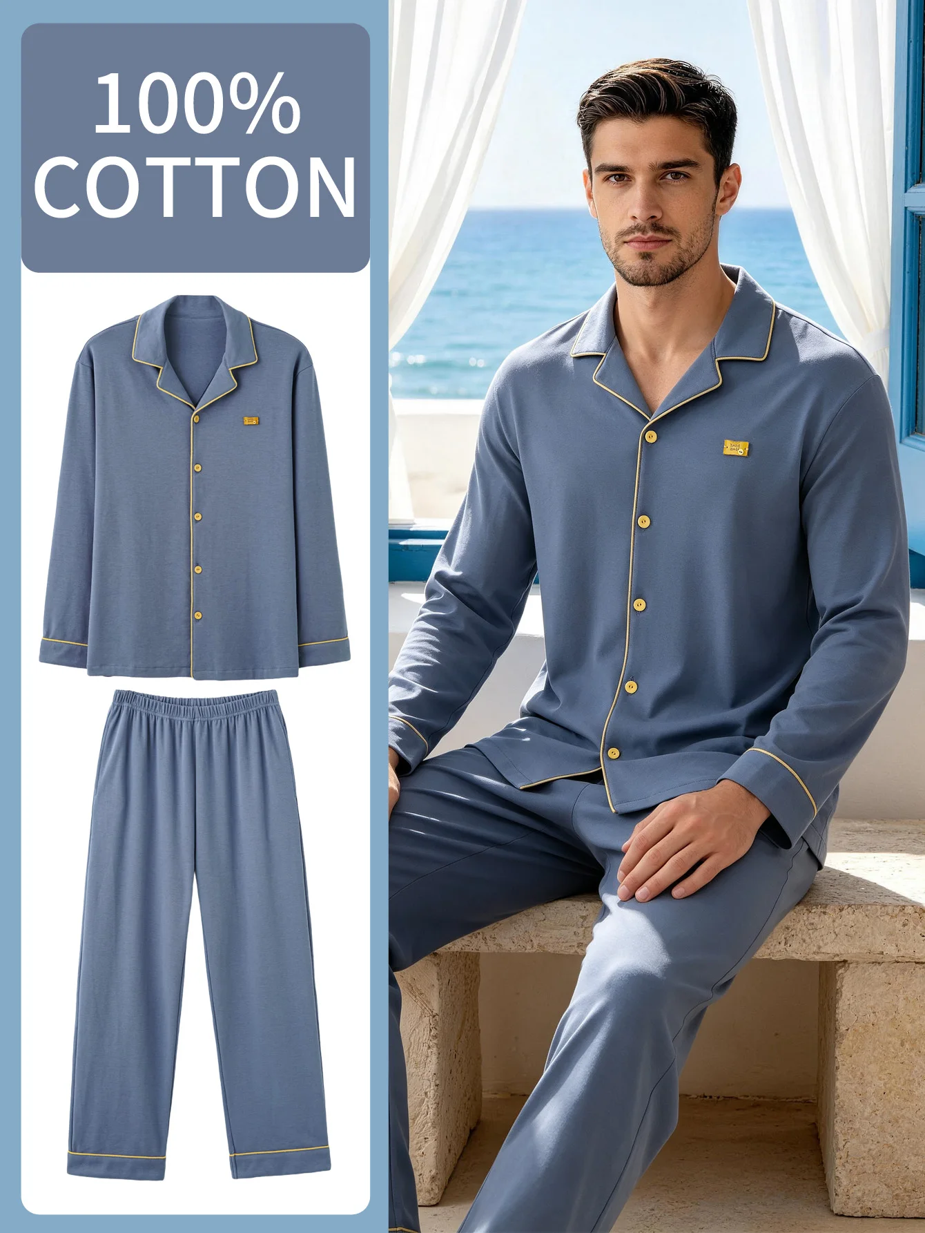 Men's 100% Cotton Long Sleeved Four Season Plus Size Men's Sleepwear, Teenage Pure Cotton Home Suit Set for Warmth