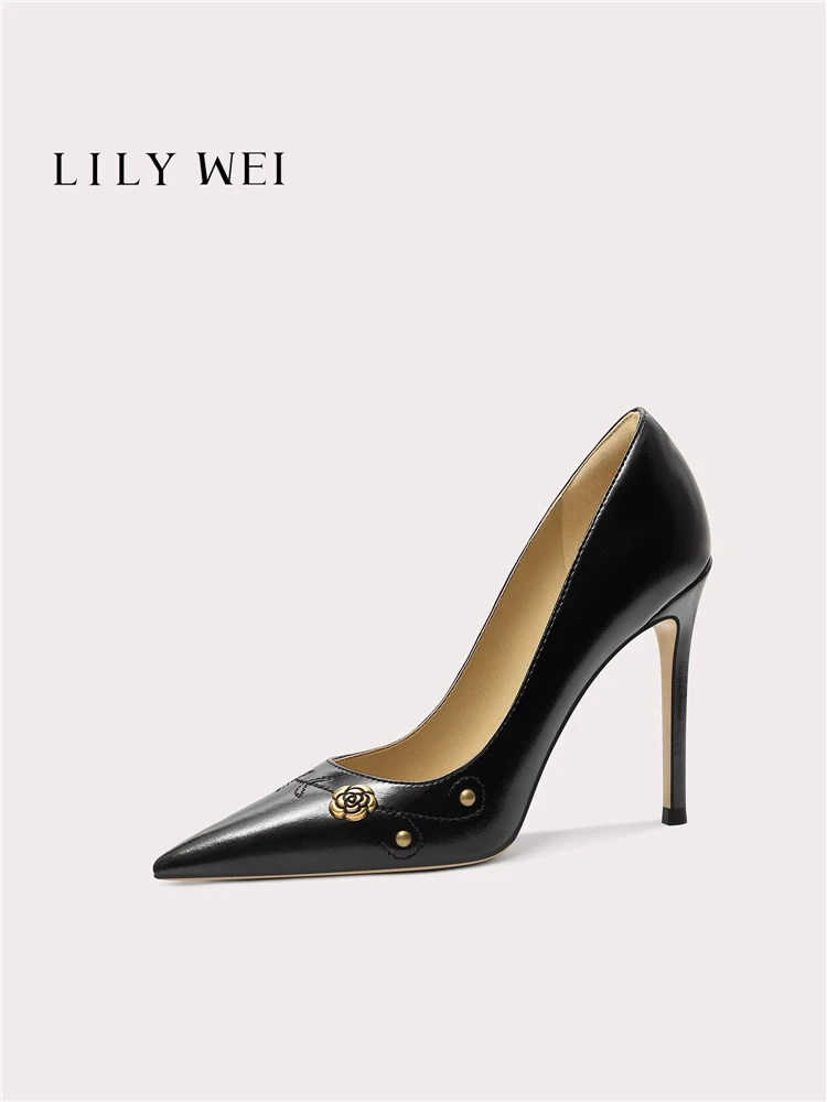 

Spring new pointed toe shallow metal rose flat shoes banquet large size small size widened version thin high-heeled women's shoe