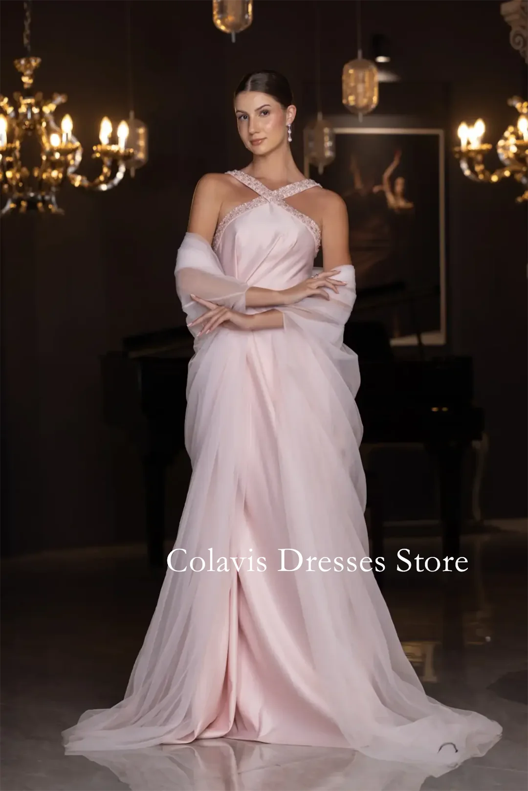 

2025 Индивидуальные розовые атласные платья для выпускного вечера с бретелькой на шее и бисером, вечернее платье, женские вечерние платья, вечернее платье