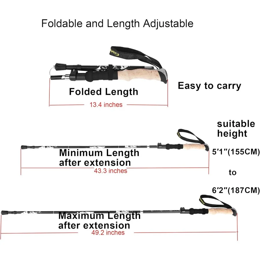 Bastón de trekking plegable y ligero, bastón ajustable de aluminio 7075 para senderismo y viajes, diseño plegable de bloqueo rápido