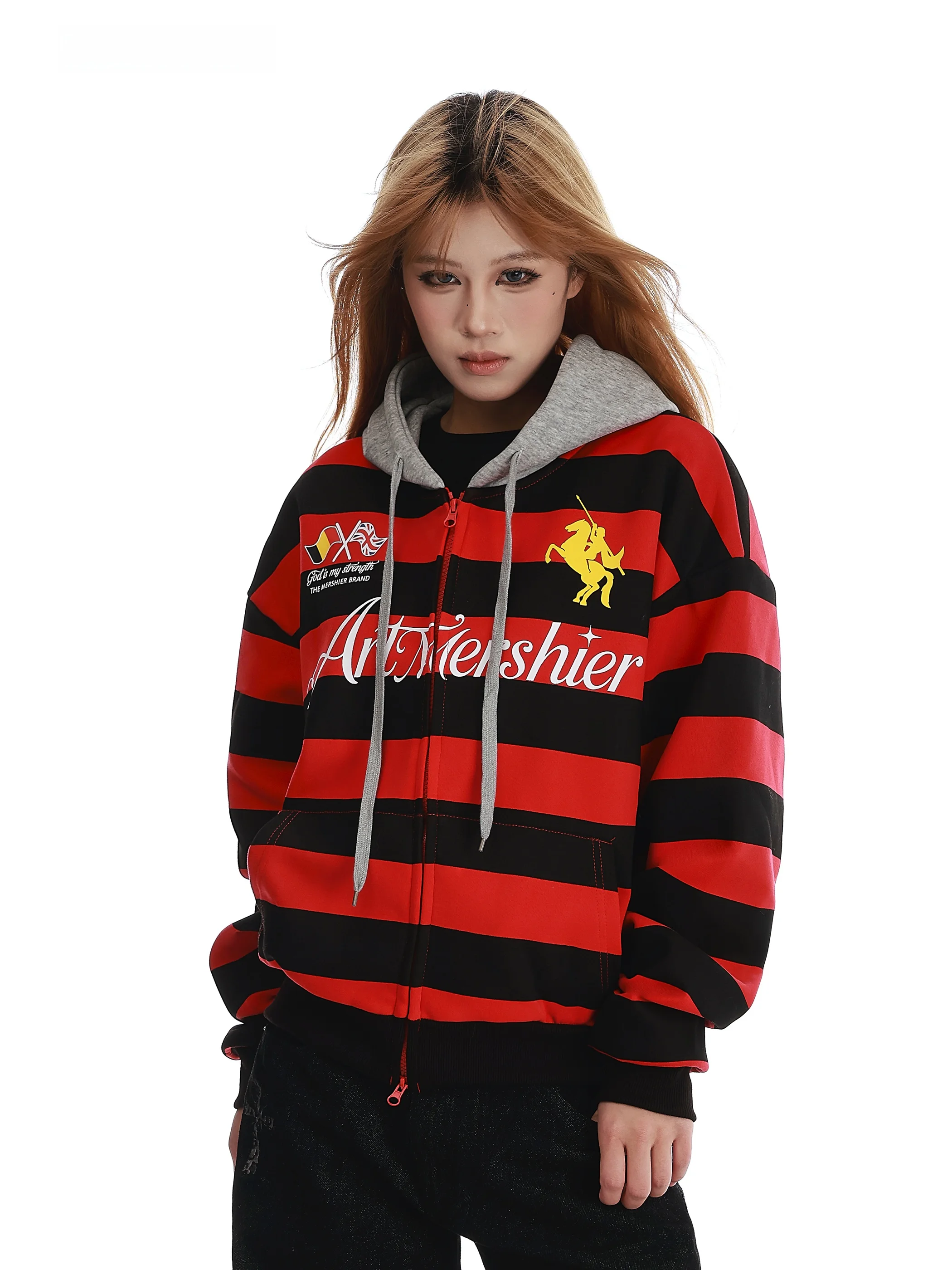 

VINMUK Американский красный кардиган с полосками и надписью, с капюшоном, свободный повседневный жакет для женщин