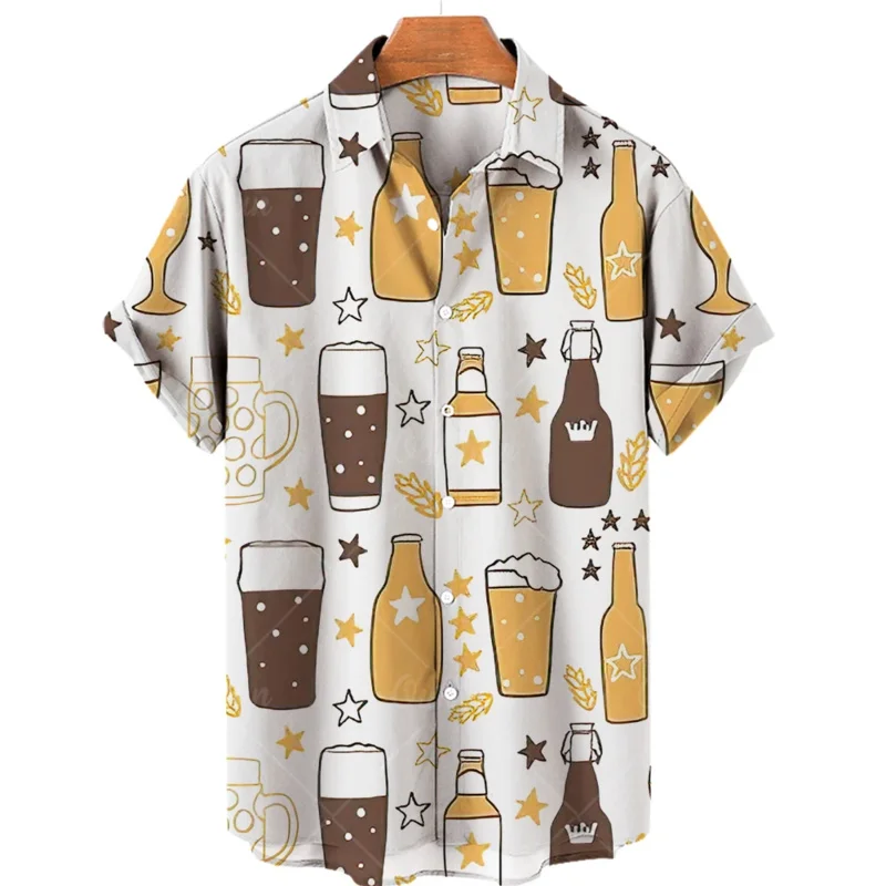 Camisetas de manga corta con estampado 3D de cerveza para hombre, camisas de playa hawaiana Harajuku, estilo de vacaciones de verano, Tops de un solo pecho, camisas de solapa