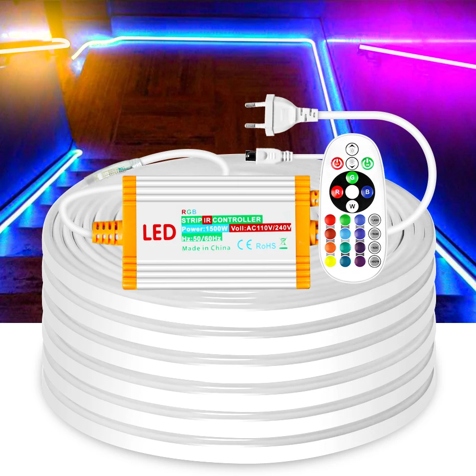 

Светодиодная неоновая лента RGB с регулируемой яркостью, 220 В, лента RGB SMD5050, светодиодная лента с дистанционным управлением, водонепроницаемая для украшения дома и улицы