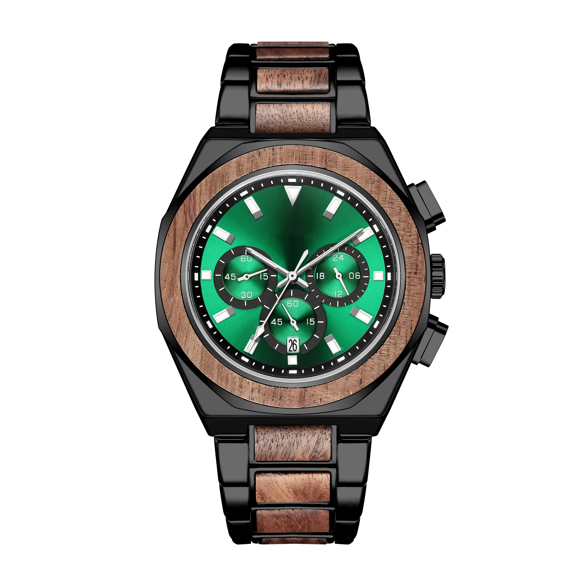 KUNHUANG Handmade Wooden Watch Multifunction Dial Mens Quartz Watch Luxury Luminous Chronograph Custom Logo relógio masculino