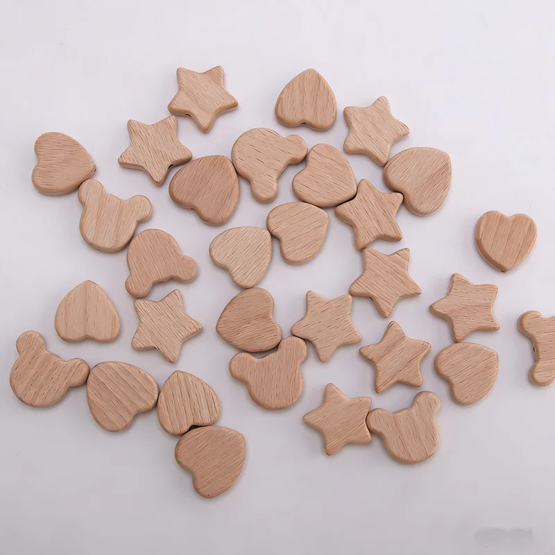 20Pcs Beech Wooden Beads Heart Star Shape Baby Teether Beads for DIY Necklace Pacifier Chain Crafts Jewelry Making
