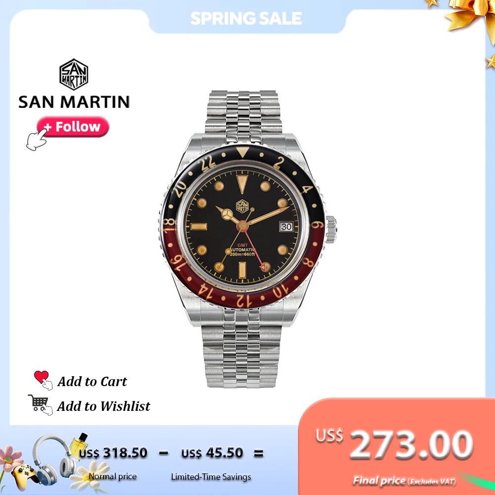 

San Martin New 40mm Retro GMT NH34 Watch Luminous Automatic Mechanical Watches for Men Sapphire Bezel Waterproof 20Bar SN0005