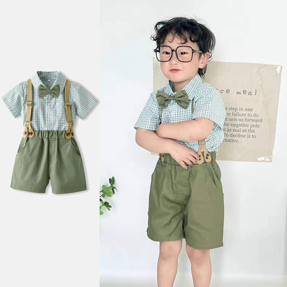 kids boy 1 2 3 4 5 6 Years Summer Clothes Green Lattice Suspender Set Kid Cotton T-shirt Shorts Children Toddler Suits