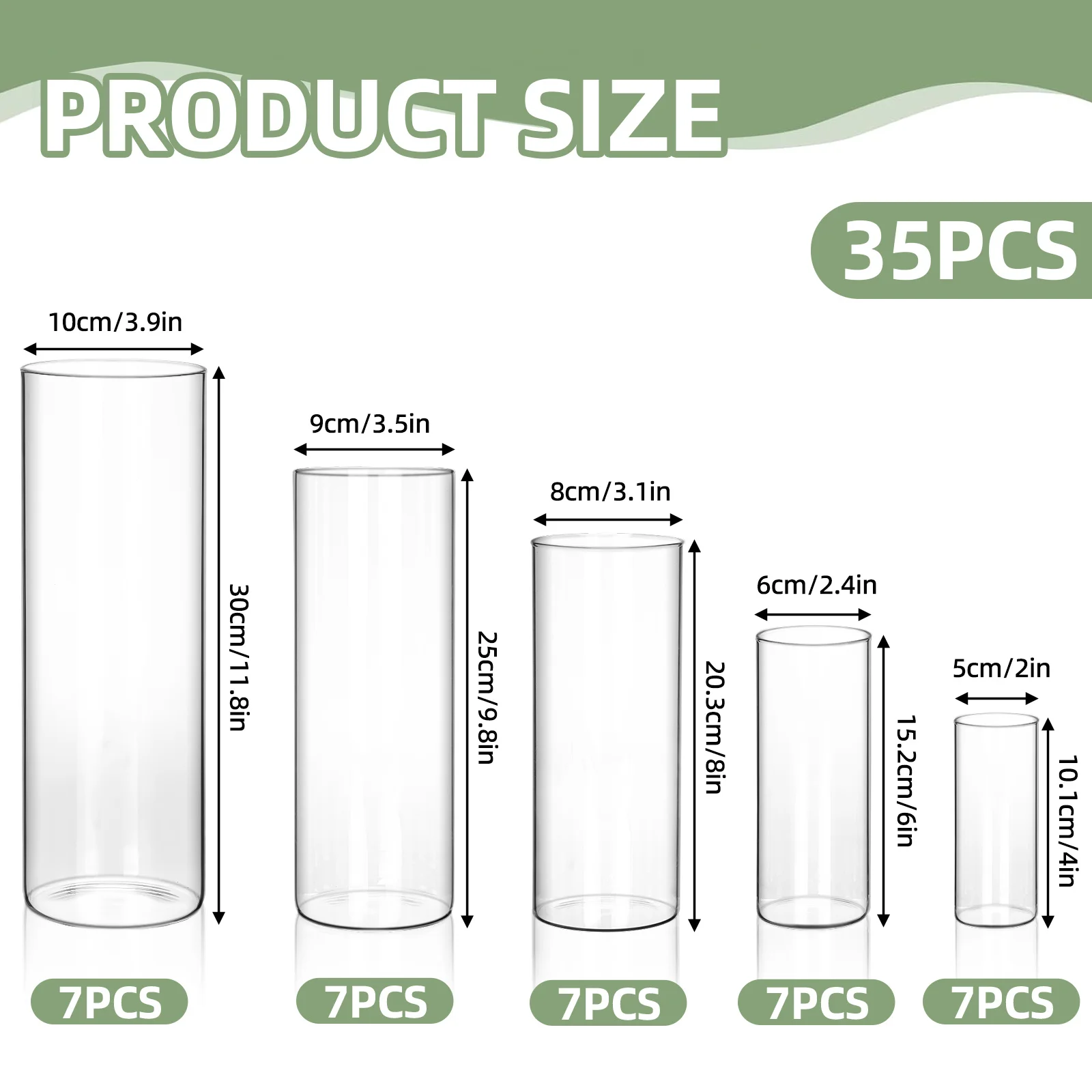 WHONLINE 35pcs Clear Glass Cylinder Vases, Multiple Size Choices Glass Flower Vase Party Centerpieces (4, 6, 8, 9.8, 11.8 Inch Tall), Hurricane Floating Candle Holder Vase for Table Shelf, Party, Wedding, Home Decor, great for all events, Collectible Buil