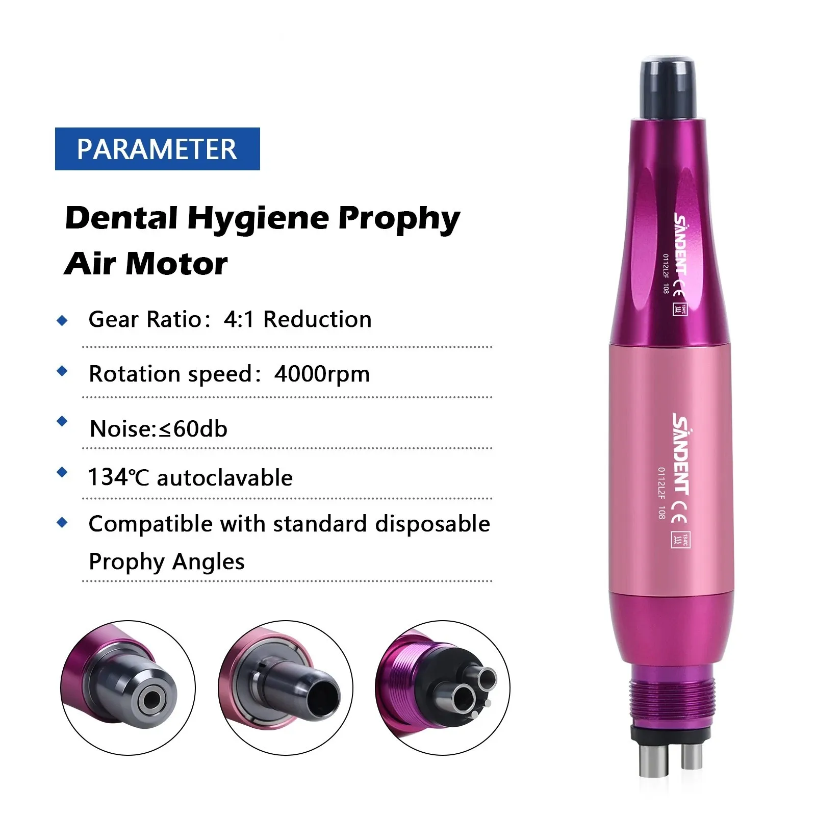 360° Swivel Dental Hygiene Prophy Handpiece Air Motor 4 Holes With 4:1 Nose Cone Pink Color