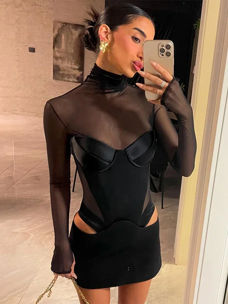 

2026 New Fashion Mesh Long Sleeve Mini Dress Club See Through Turtleneck Splice Hollow Bodysuit Dress Party Hot Girls Sexy Dress