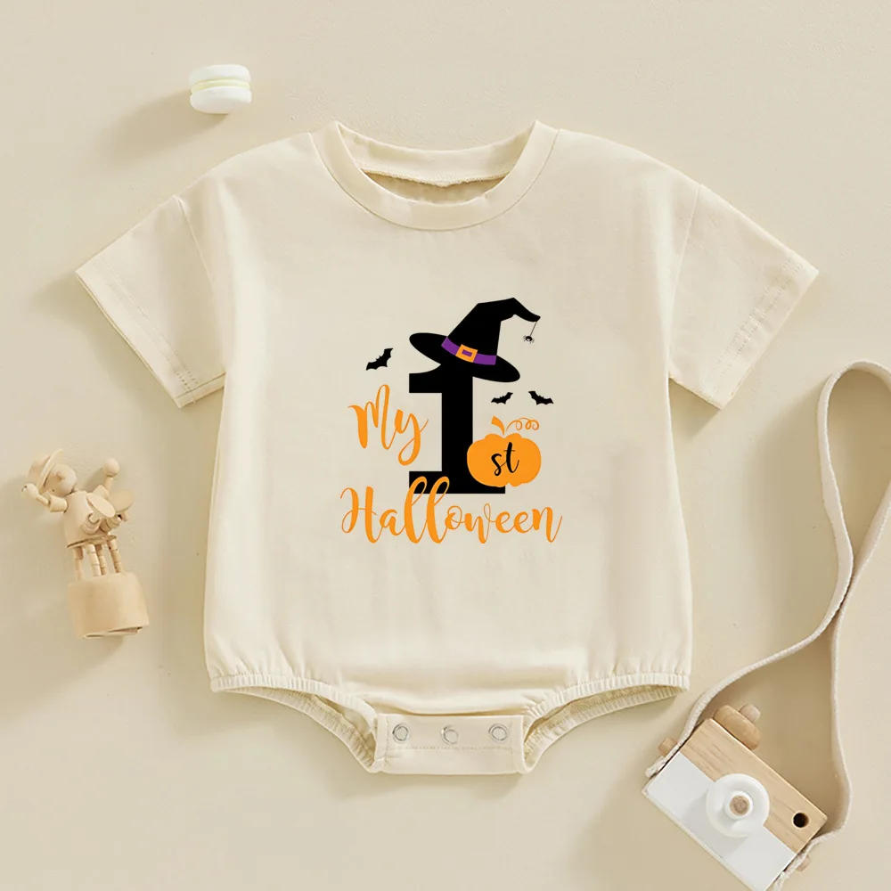 My 1st Halloween Print Bubble Romper Boy Girl Casual Short Sleeve Infant Oversized Bodysuit Halloween Baggy Bubble Romper Outfit