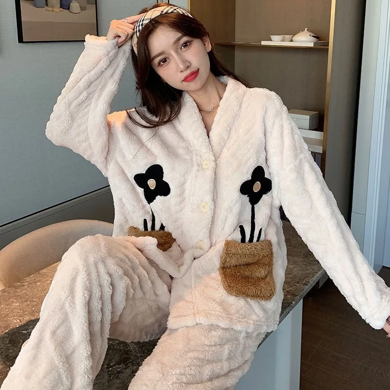 Famale Coral Velvet Pajamas Autumn Winter Homewear Sets Ladies Padded Warm Household Clothes Women 2024 New Flannel Sleep Suit