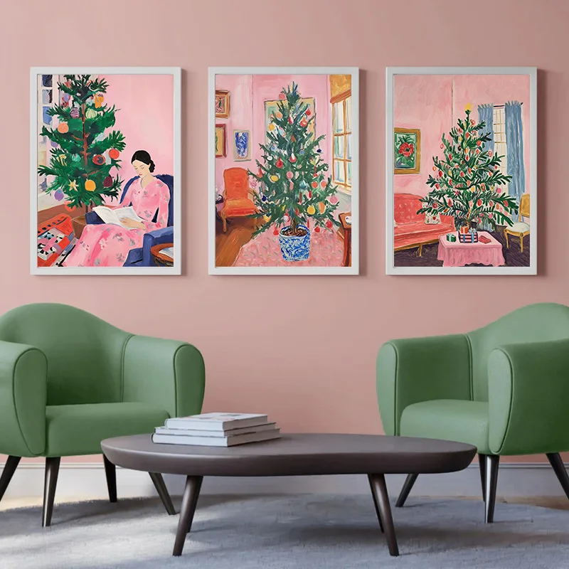 Merry Christmas Vintage Pink Poster Christma Tree Santa Claus Prints Canvas Printing Wall Art Picture for Living Room Home Decor