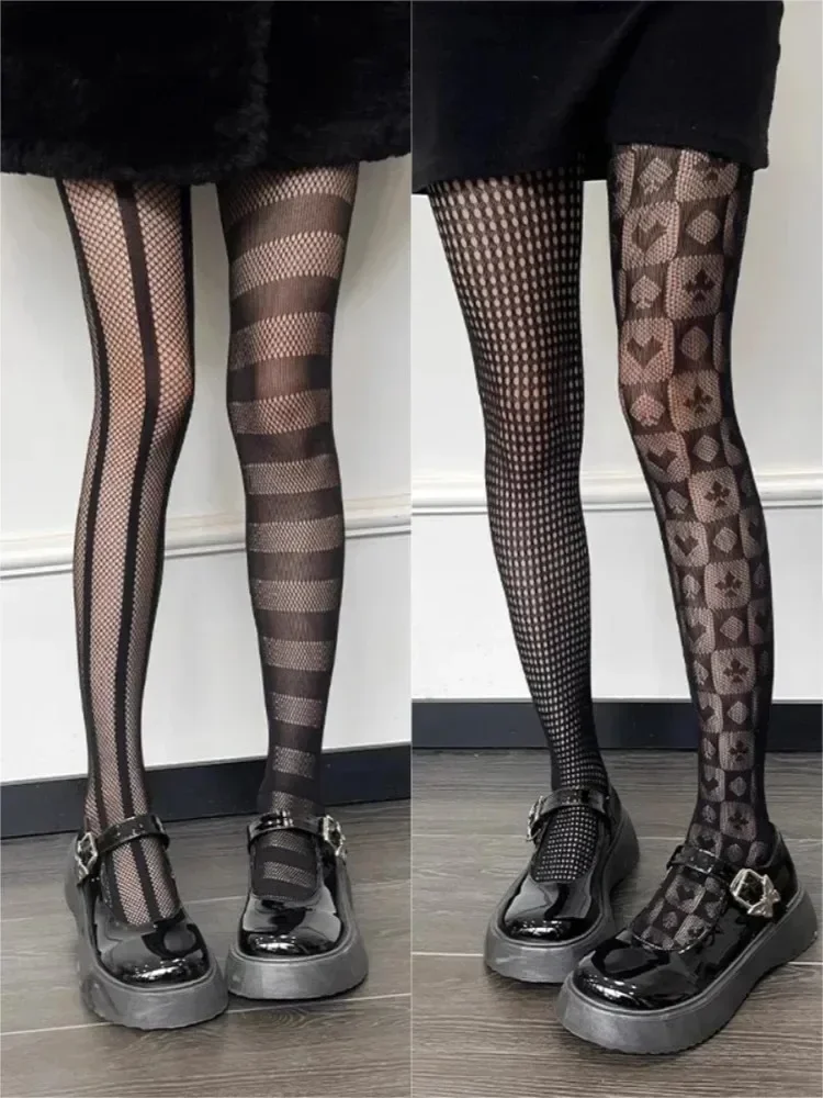 Stripe AB Asymmetric Tights Women's Pantyhose High Elasticity Lace Hollow Fishnet Sexy Stockings Classic Ladies Gothic Pantyhose