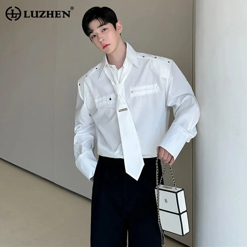 

LUZHEN Long Sleeve Shirts 2024 Necktie Decorate Design Korean Fashion Versatile Loose Handsome Casual Men's Tops Original LZ5000