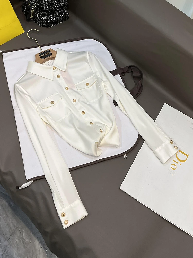 

Новая весенняя коллекция 2025: Удобная повседневная универсальная шелковая блузка для женщин, элегантная, высококачественная, с длинным рукавом, воротником, из смесового полиэстера.