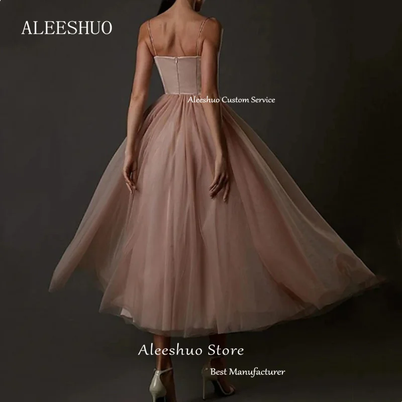 Aleeshuo Modern A-Line Prom Dresses Sweetheart Spaghetti Strap Evening Dress Backless Ankle-Length Pleated Cocktail Party