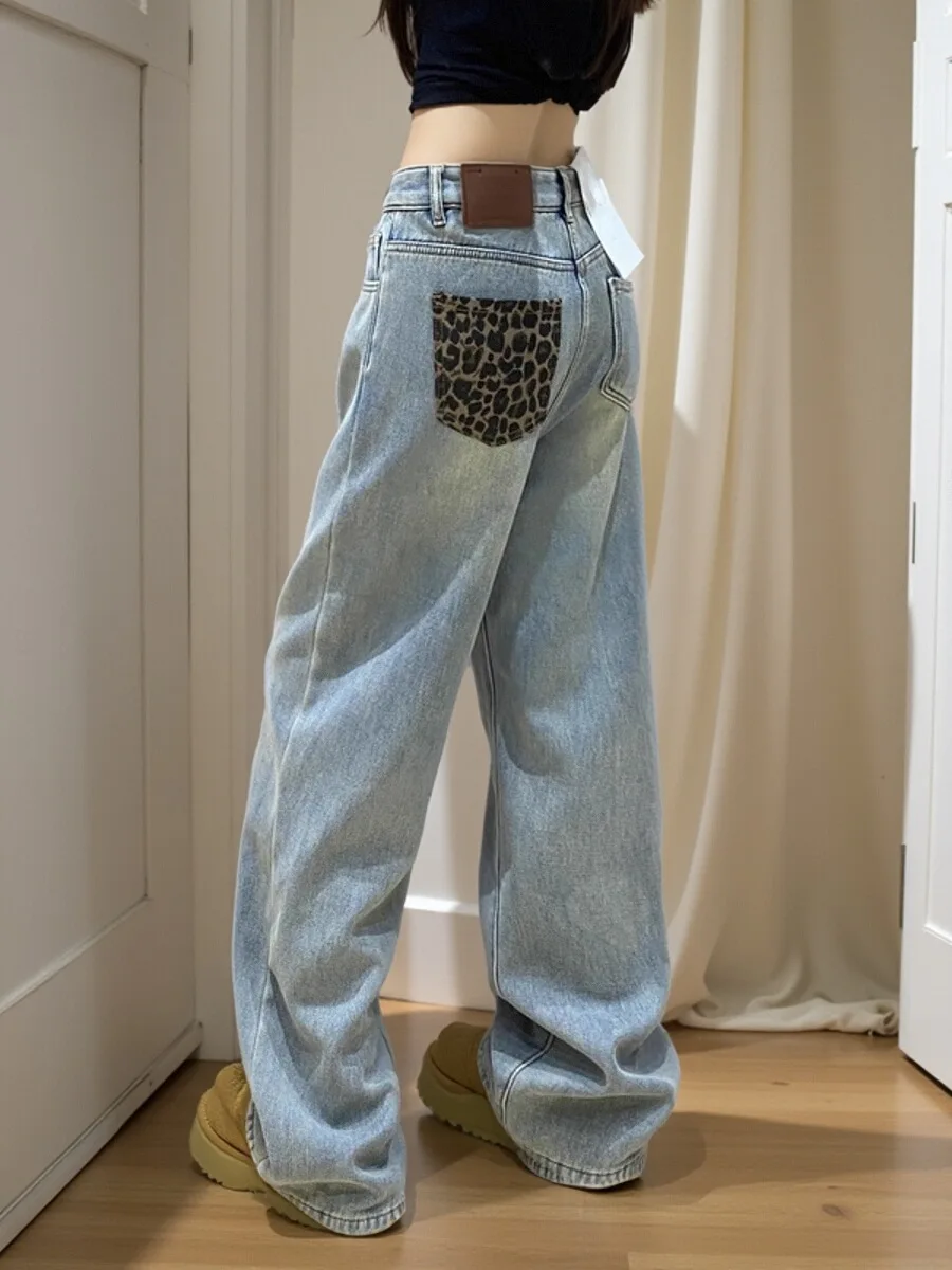 

Модные джинсы с высокой талией на флисовой подкладке с леопардовыми карманами, свободные широкие брюки, повседневная зимняя женская одежда