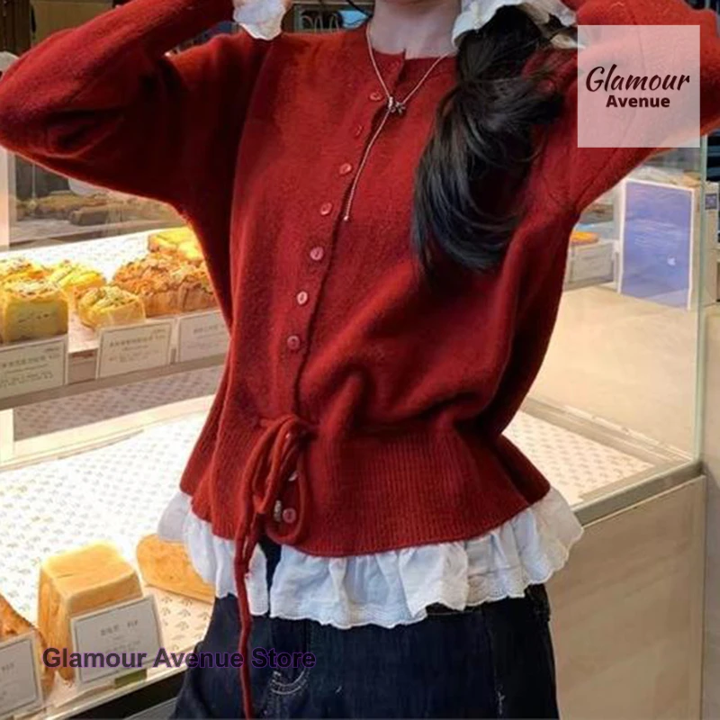 Korean style red fake two-piece round neck stitching knit cardigan women's autumn and winter design sense drawstring jacket