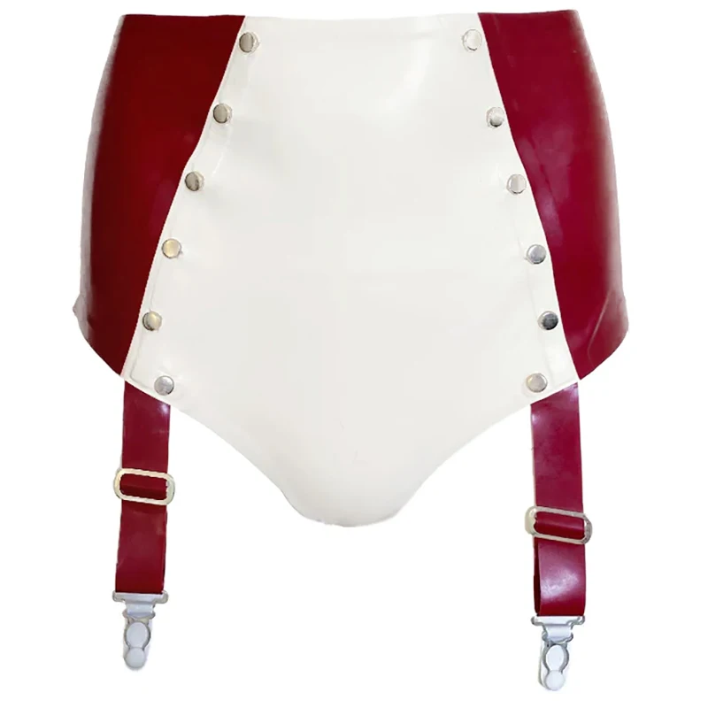 

Pearl Red White Sexy Latex High Waist Briefs Buttons Garters Stockings Rubber Shorts Underpants Underwear Panties Pants 0101