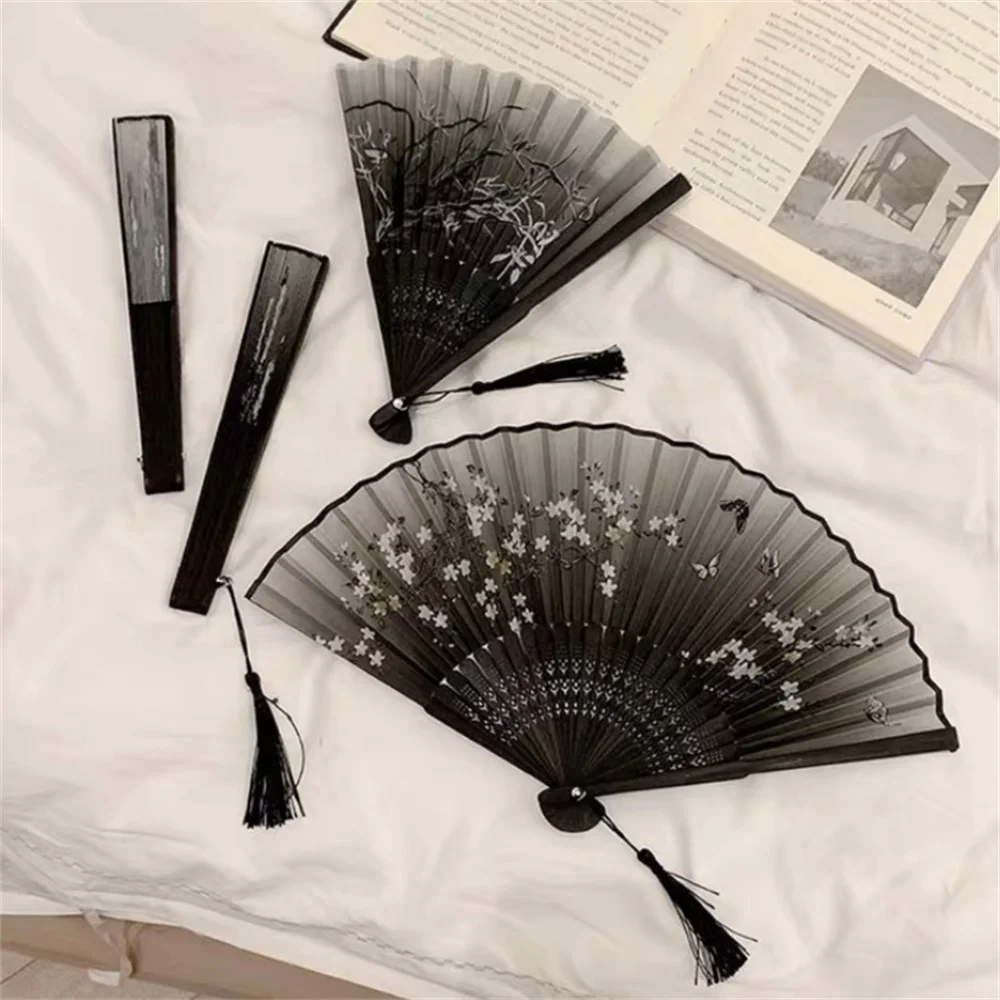 Landscape Painting Printed Folding Fan Handheld Silk Cloth Fans Women Cheongsam Decorative Fan Art Craft Dance Decor With Tassel