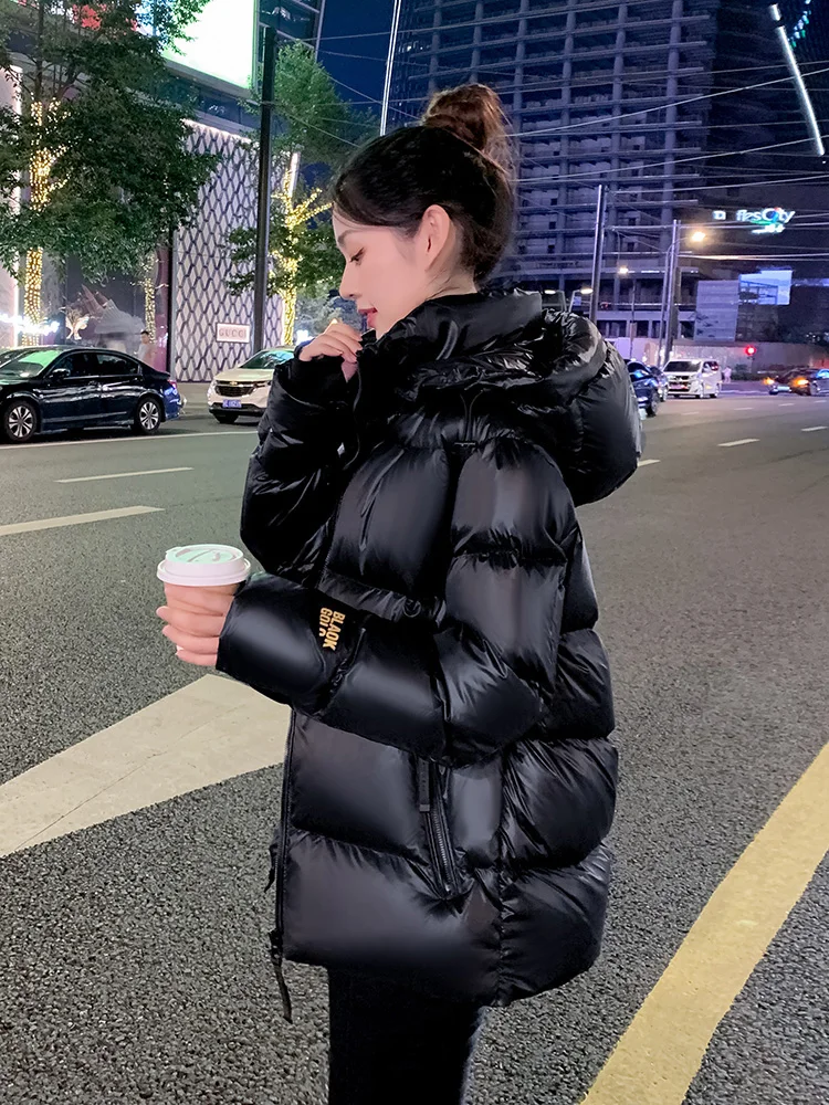 

Bla down Cotton Jaet ort Women's Winter New Sle Hat Inteated Thi Warm Outerwear Korean Sle Loose Fit Long Sve