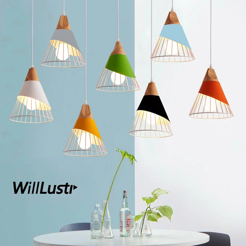 Creative Wood Cone Pendant Lamp Industrial Style Metal Suspension Light Hotel Cafe Bar Macaron Color Hanging Ceiling Chandelier