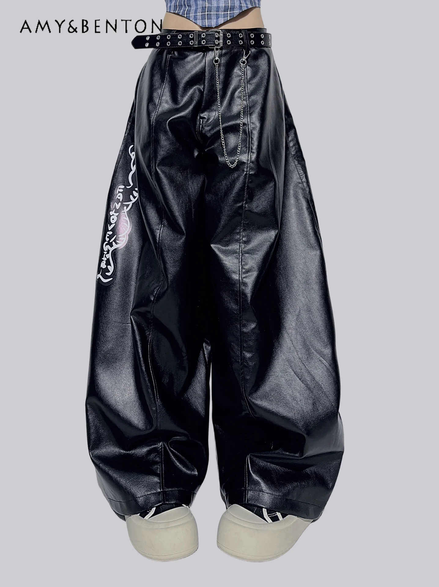 

Spring and Autumn American Retro Street Style Women's Black Snake Appliqué Loose and Versatile Casual Long PU Leather Pants