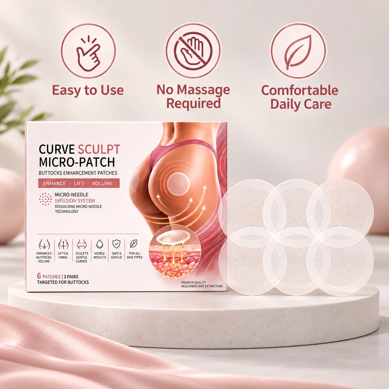 Six Piece Buttock Patch Set Featuring Dissolving Micro Needles With Three Pairs In A Box For Application To A Buttock Skin Area