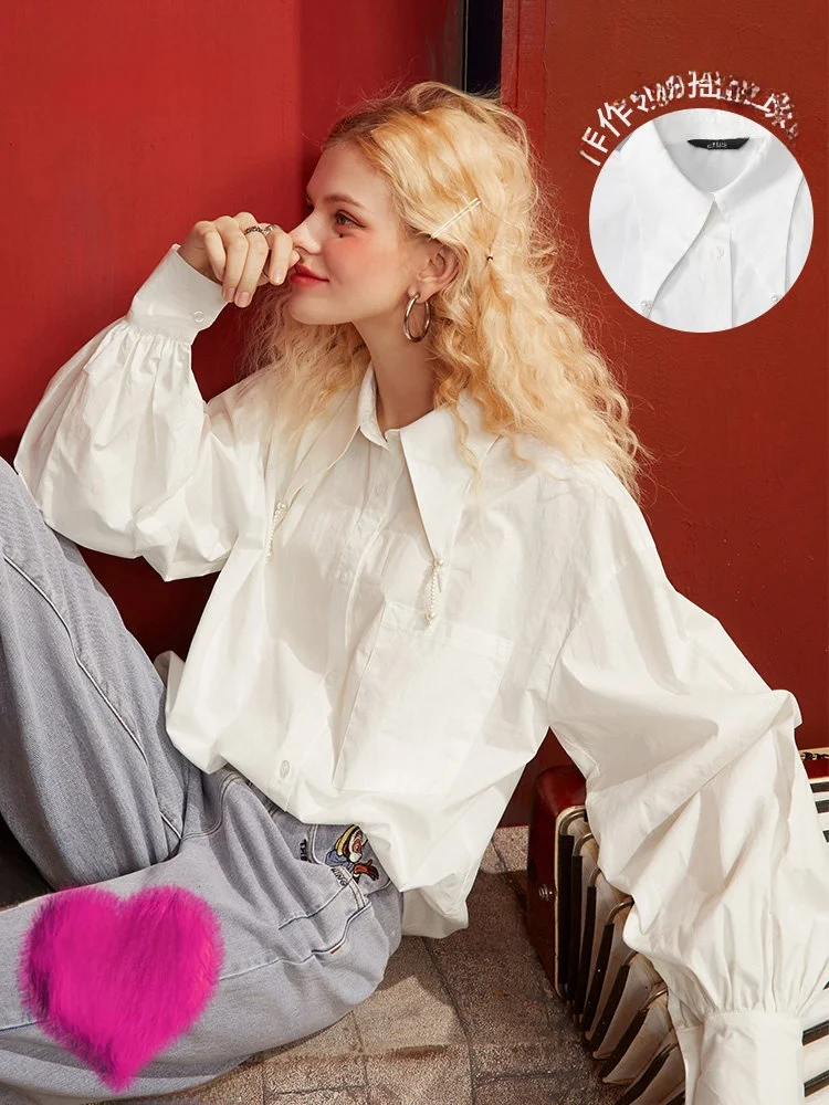 

Ele Lady's Lantern Sve Point Collar White irt Women's Spring Loose Long Sve Top Cotton Commute Sle Pure Color