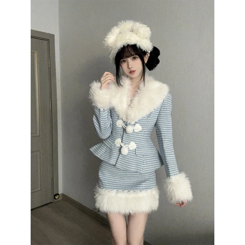 

MEXZT комплект из 2 предметов, женская модная укороченная клетчатая куртка, корейская лоскутная мини-юбка из искусственного меха, зимние женские элегантные наряды