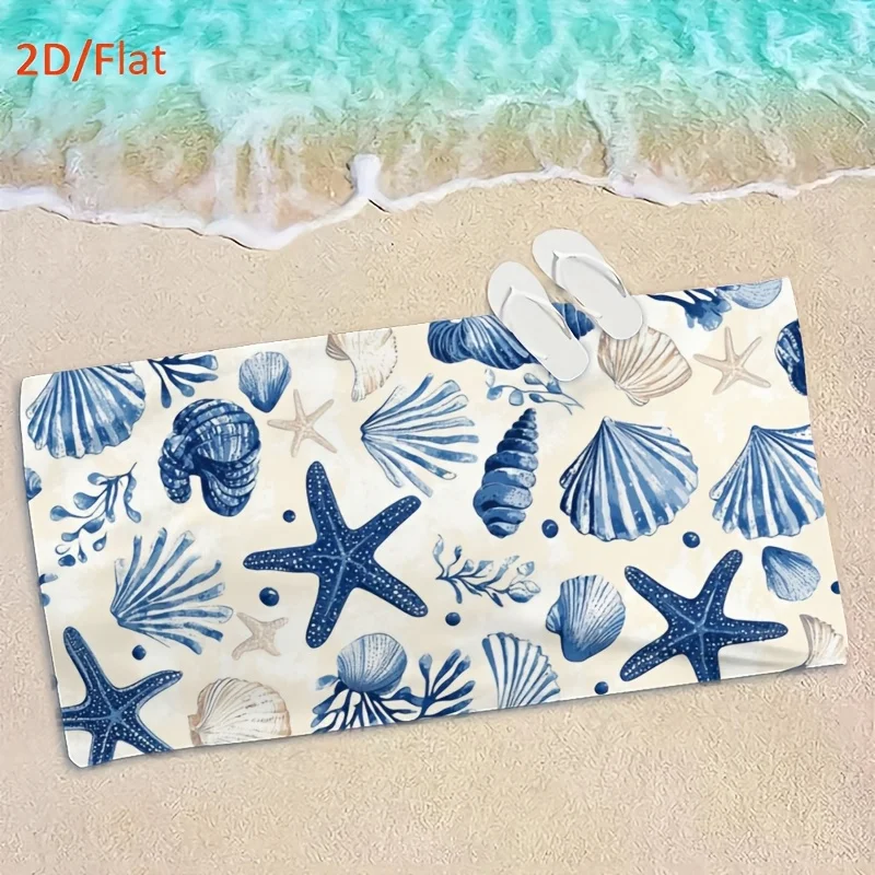 Ocean Blue Beach Towel, Shell Starfish Print 2D Flat Quick Dry Absorbent Lightweight for Summer Travel Pool Swimming