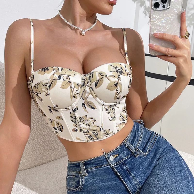 

Sexy Floral Crop Top Vintage Print Tank Top Boned Corset Strap Slim Fit Tube Top