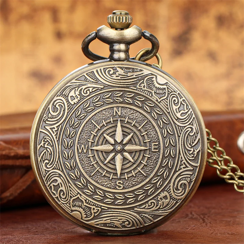 Steampunk Compass Pattern Retro Quartz Movement Pocket Watch for Men Women with Necklace Chain Roman Number Display Clock Gift