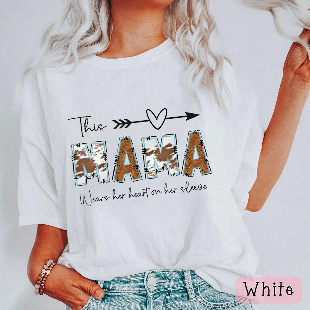 This Mama Wears Her Heart on Her Sleeve Casual Women Clothes Mother's Day T-Shirt for Summer Crew Neck Short Sleeve Shirt