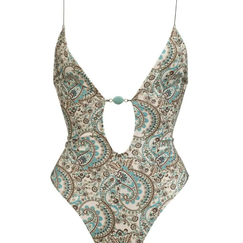European and American New Sexy Deep V One-piece Swimsuit with Chest Pad Print Adjustable Suspenders Women's Backless Swimsuit