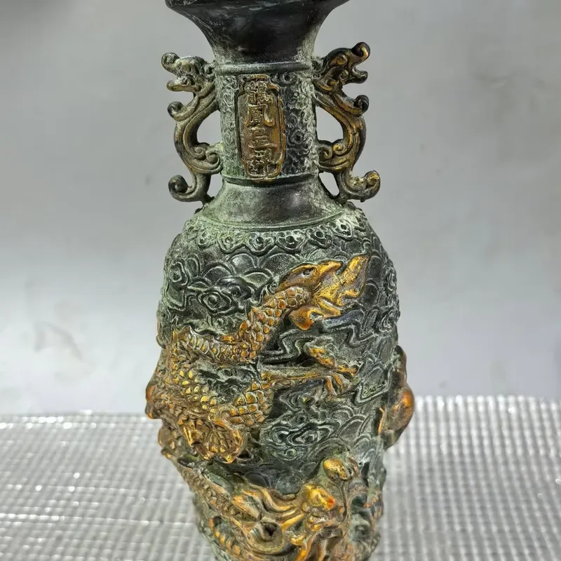Gold Plated Copper Dragon Phoenix Vase Large Floor Standing Ornament Exquisite Handicraft Home Decor Gift for Living Room