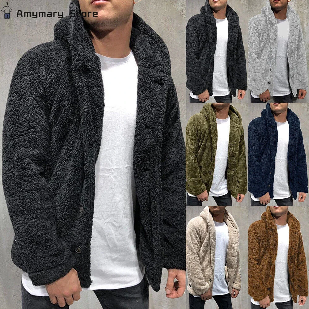 New Autumn Winter Men's Plush Hooded Jacket Solid Color Long Sleeve Single-breasted Warm Cardigan Coat Fashion Trend Men's Wear