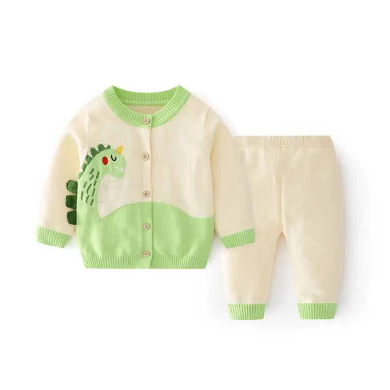 New Spring Autumn 0-3 Year Baby Boy 2PCS Clothes Set Patched Dinosaur Sweaters Woven Cotton Knitted Pants Suit Infant Boy Outfit