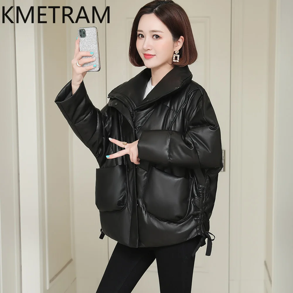 100% 양피 다운 코트 여성 스탠드 칼라 정품 가죽 블랙 퍼퍼 자켓 2025 겨울 의류 여성 겉옷 пуховик