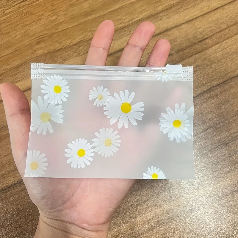 30Pcs Daisy Print Frosted Zipper Bags Transparent Plastic Storage Pouch Reusable Seal Bag For Jewelry Cosmetic Stationery Travel