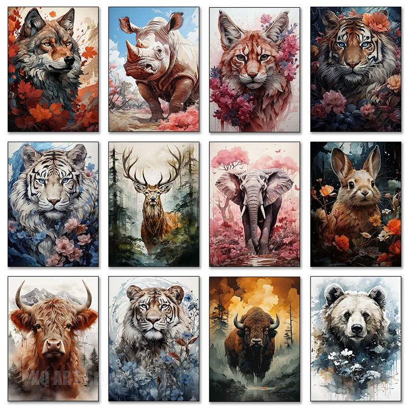 Vintage Wild Jungle Animal Deer Wolf Forest Landscape Art Posters Canvas Painting And Prints Picture for Living Room Home Dec