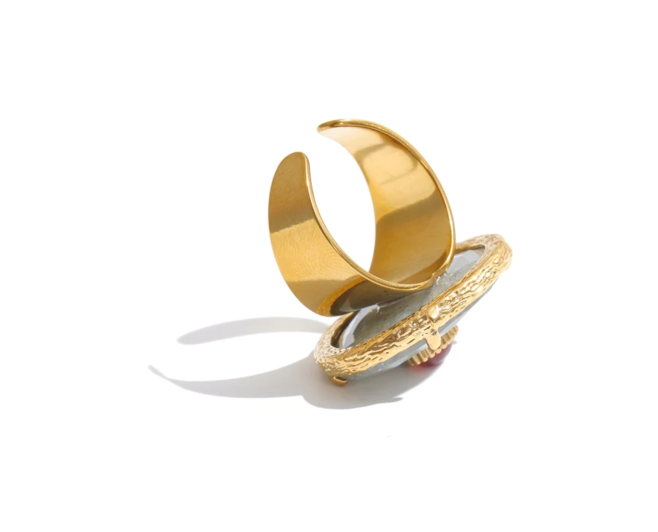 Yhpup Natürlicher Spektrolith-Achat-Stein Offener Ring Hochwertiger Edelstahl Stilvoller Schicker Fingerschmuck – Detail 3