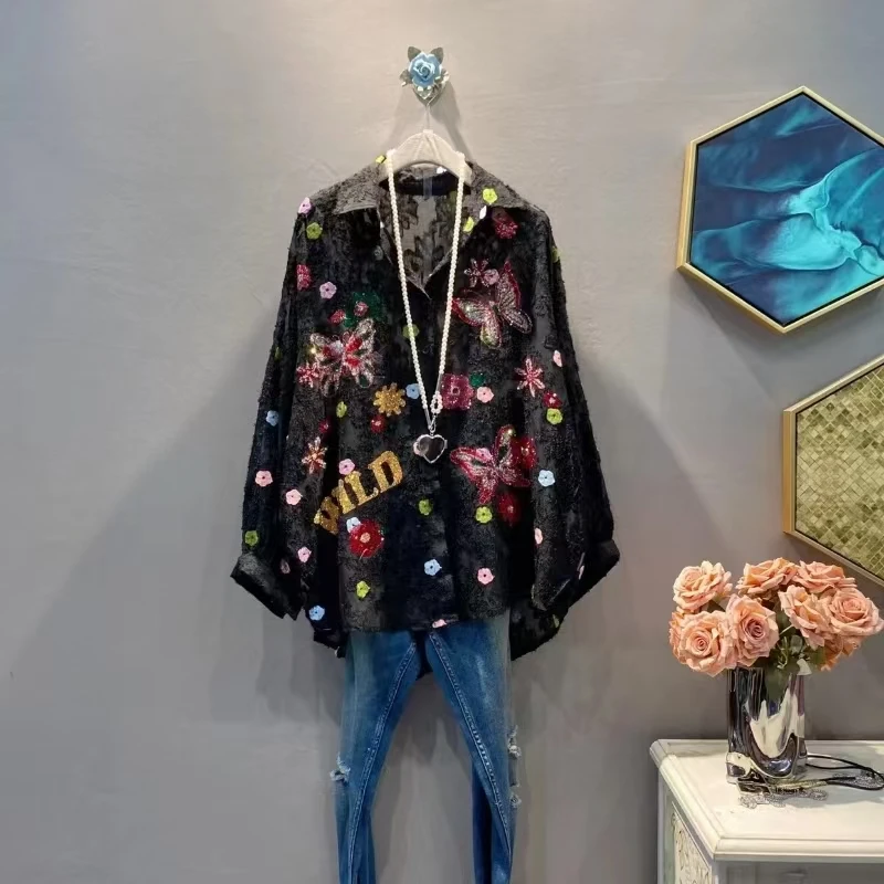 New In 2024 Autumn Embroidery Sequined Hot Drilling Oversized Shirts For Women\'s Mid-length Single Breasted Blouses Tops Blusas
